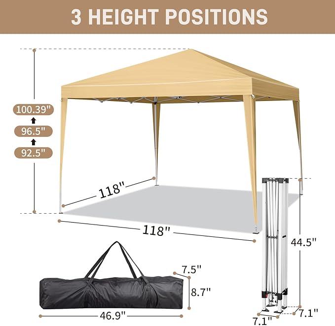 Pop Up Canopy with 4 Sidewalls 4 Ropes 8 Stakes Adjustable Legs for Events Parties and Camping(118×118×100.39) (Khaki)