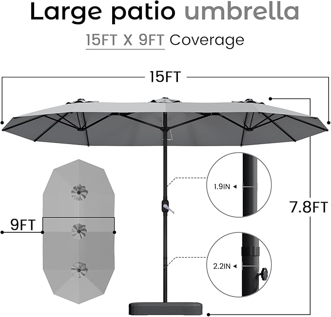 DomeShade 15ft Patio Umbrella with BaseLarge Outdoor Double-Sided Rectangle Umbrella with Crank Handle Market Umbrella for Poolside Garden Deck Backyard Beach Pools Gray