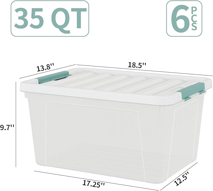 6-Pack Clear Plastic Storage Organizer Bins with White Lids 35 Quart Stackable Container Boxes for Bedroom Bathroom Garage and Office Organization