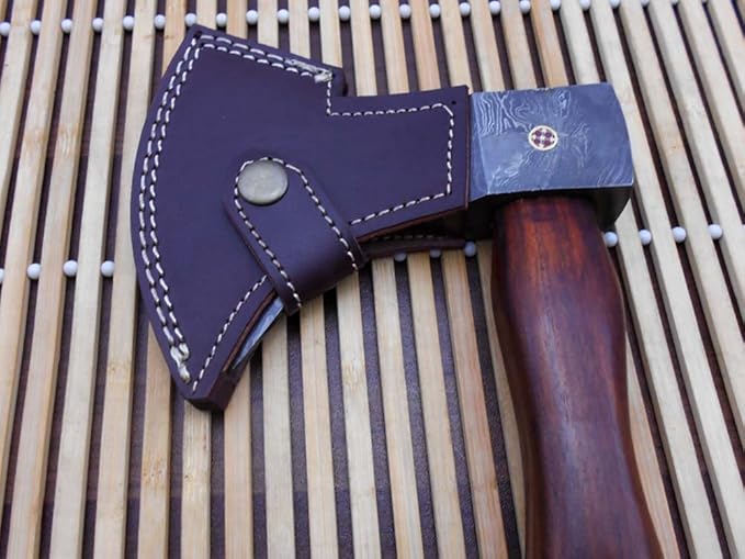 Damascus Steel Log Splitter Axe 14.5 Inches Long Hand Forged with Rose Wood Round Handle Bearded Hiking Battle Axe Thick Cow Hide Leather Sheath