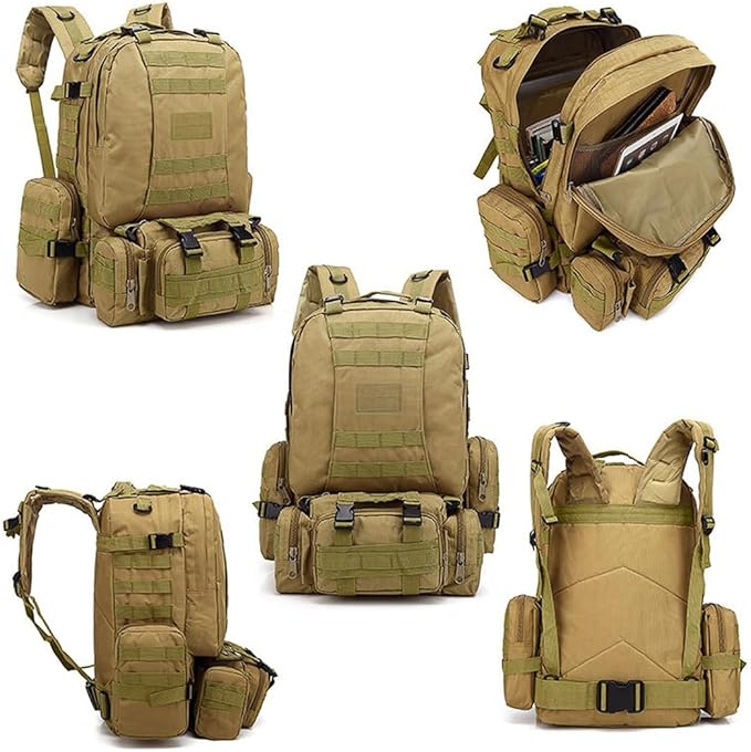 Tactical Backpack Military Army Rucksack 60L Large Assault Pack Camping Detachable Molle Bag (CP)