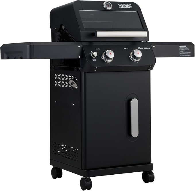 Monument Grills 2-Burner Foldable Stainless Steel Liquid Propane Gas Patio Garden Barbecue Grill with Clearview® Lid Knob Control Mesa220 with BBQ Cover