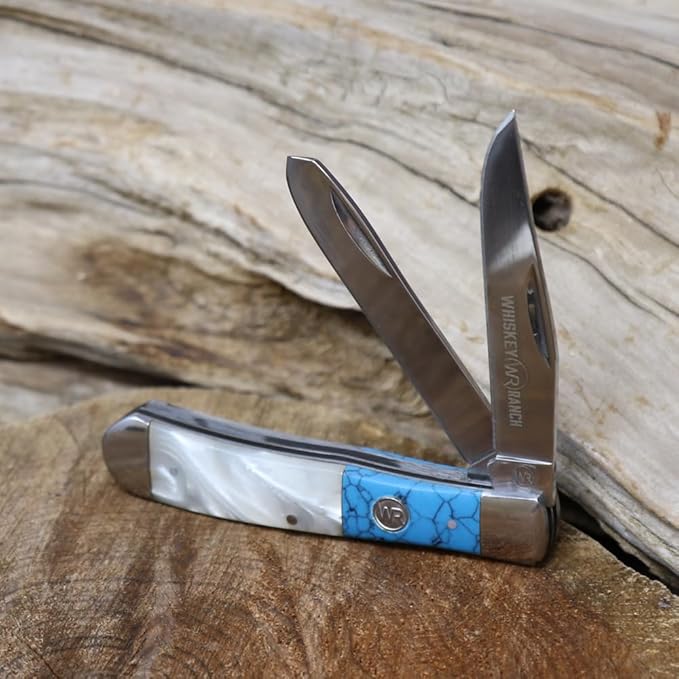 WHISKEY BENT HAT CO. Traditional Trapper Folding Pocket Knife 4.125 Closed Length 440C Stainless Steel Blades (Pearl Agate)