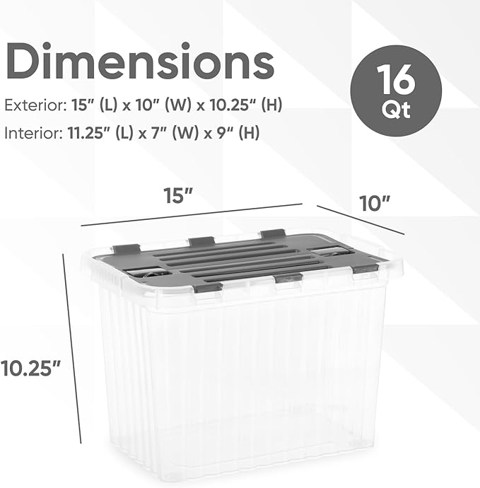 Superio Storage Box with Hinged Lids Plastic Container Bins for Organizing with Attached Lid Stackable Crates BPA Free Organizers for Home 17 Quart (Clear with Grey Lids 15x10x10.25)