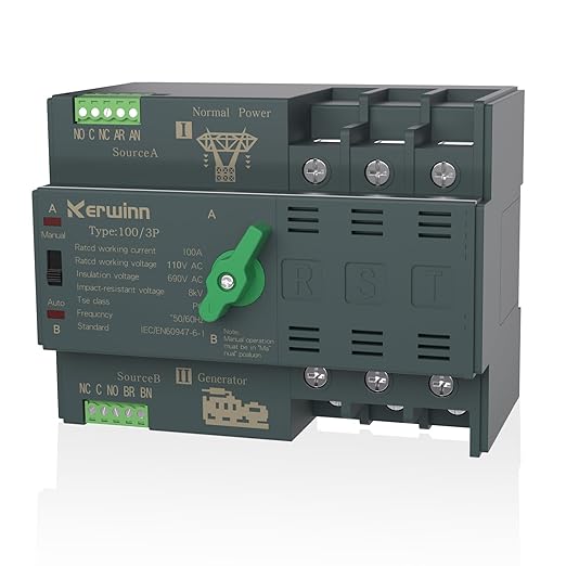 Mini ATS Automatic Transfer Switch 100 amp Manual Power Transfer Switch 110V Dual Power Electrical Selector Switches DIN Rail Mount (3P)