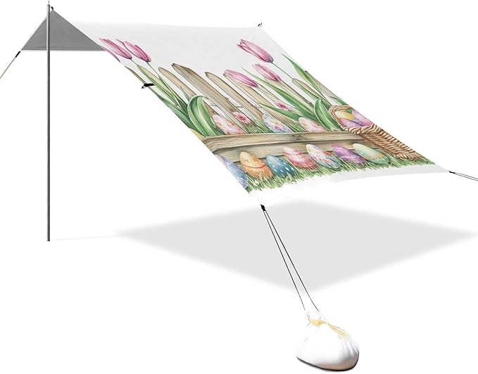 ALAZA Watercolor Wooden Fence Tulips Basket Easter Eggs Beach Tent Sun Shelter Portable Canopy Sunshade for Outdoor Camping Picnics Backyard Fun 10x9 ft