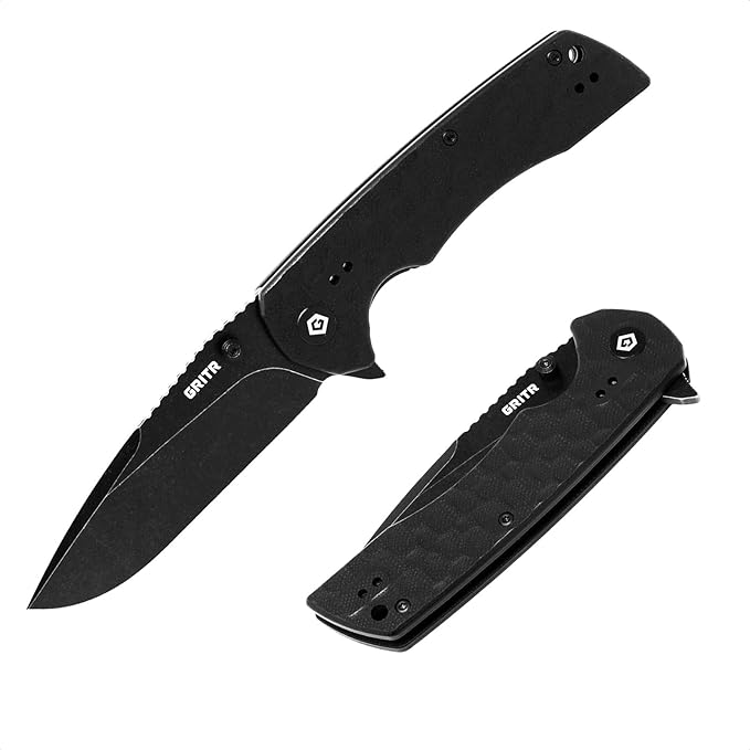 GRITR Stealth Folding Pocket Knife w/ 3.5 D2 Steel Blade for Military Hunting Camping Hiking – Black Handle Non-Serrated Blade with Stonewashed Finish