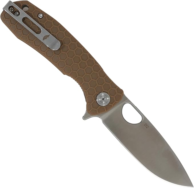 Honey Badger Large Pocket Knife EDC Drop Point Folding Utility Knife 3.6 Steel Blade Reversible Pocket Clip - (3.8oz) Drop Point Large Tan D2 HB1010
