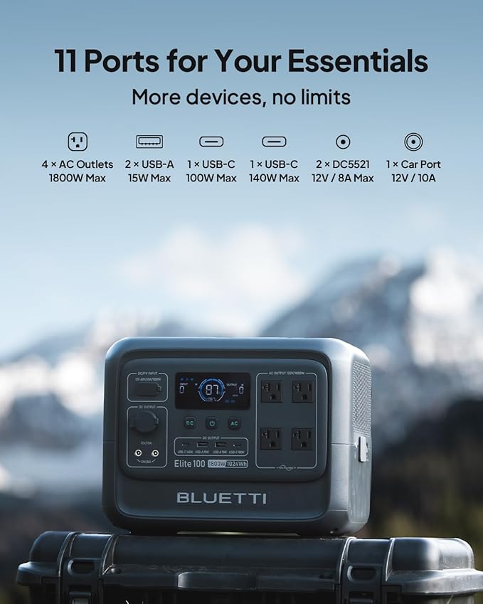 BLUETTI Elite 100 V2 Portable Power Station &amp Charger 1 (ships separately) 1024Wh LFP w/ 1800W AC 560W DC-DC Charging 1.8 H Full Charge via Car Ideal for Car Camping Vanlife RV Travel