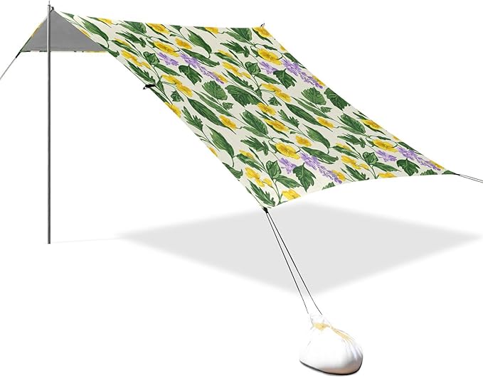 xigua Wildflowers Beach Tent Sun Shelter with Carrying Bag - Silver Coated Oxford Fabric Beach Canopy for Beach Camping Fishing - Includes Windproof Ropes Sandbags &amp Stakes