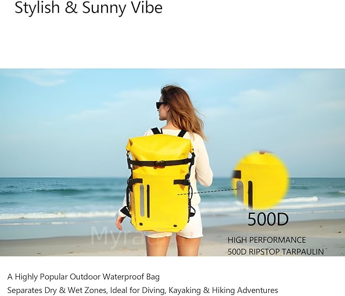 Yellow 30L Waterproof Backpack - High Visibility Roll Top Dry Bag | Floating Kayak &amp Fishing Backpack for Outdoor Safety
