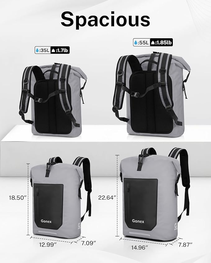 Gonex Ultralight Waterproof TPU Backpack 35L Roll Top Dry Bag with Comfortable Padded Back Panel for Kayaking Boating Camping Fishing TravelGrey
