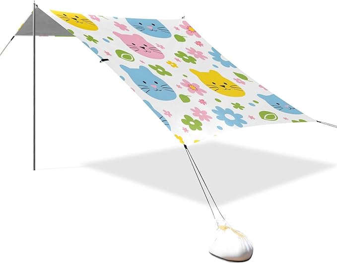 ALAZA Cat &amp Daisy Kitten Beach Tent Sun Shelter UPF50+ Protection Beach Shade Canopy w/ 4 Sandbags for Outdoor Camping Fishing Backyard Fun Picnic 10x9 ft