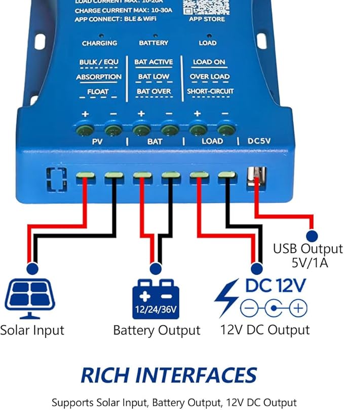 30A Solar Charge Controller 12V/24V/36V 80V Max PV Input W i-Fi Blue Tooth LCD Display for LiFePO4/AGM Batteries RV/Camper Use Off-Grid Solar Panel Regulator with Temperature Compensation