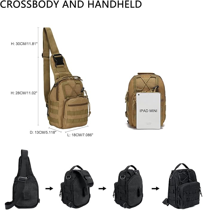 Tactical Crossbody Military Sling Bag Waterproof Oxford Shoulder Bag MOLLE Chest Bag Assault Back Pack One Strap Backpack for Outdoor Camp Hiking Cycling Running Coyote