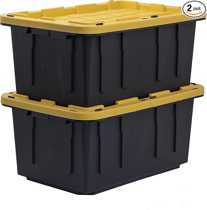 BLACK &amp YELLOW 17-Gallon Heavy Duty Storage Bins with Lids Stackable Plastic Storage Bins with Weather-Resistant Design Home Organization 2 Pack (12.5H x 18W x 26.9D)