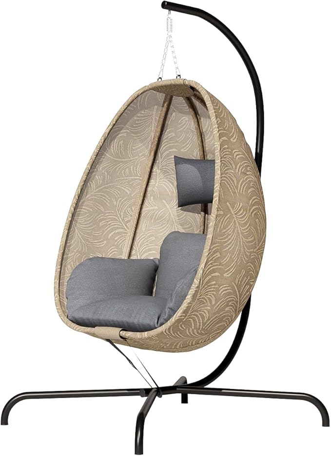 ALAULM Foldable Egg Chair with Stand 485LBS Capacity Textilene Hammock Swing Chair for Outdoor &amp Indoor Hanging Chair with Strong Frame &amp UV Resistant Cushion for Balcony Bedroom Light Gra