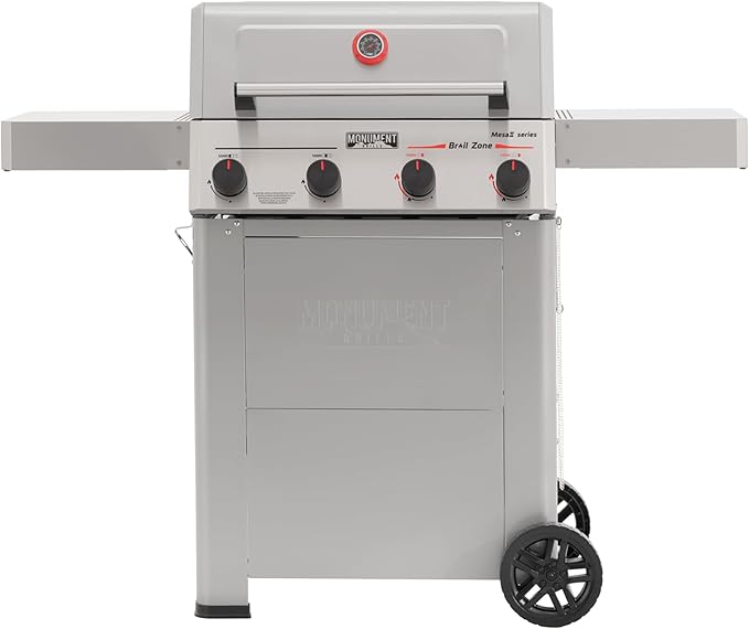 Monument Grills 4 Burner Propane Gas Grill with Advanced Broil Zone Stainless Steel Outdoor Mesa 2 Barbecue Grill Foldable Side Shelves 500°F in 5 Mins Assembles in 30 Minutes Mesa II 410FBZ