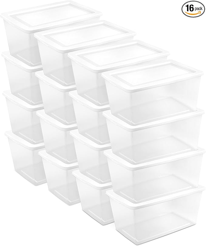 Sterilite 16 Pack Storage Box 90 Quart Stackable Tote Clear Plastic Container with Secure Snapping Lids for Home and Office Organization White