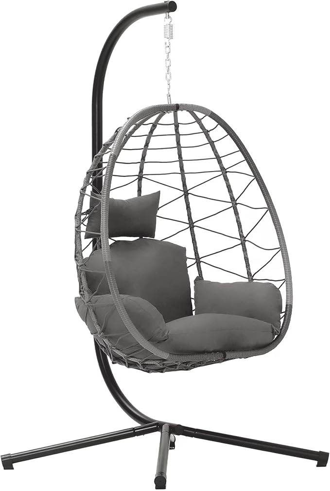 LEX CRAFT Egg Chair with Stand Swing Chair Hanging Chair Nest Basket UV Resistant Removable &amp Washable Cushions350LBS Capacity for Bedroom Balcony Garden(GR-GR)