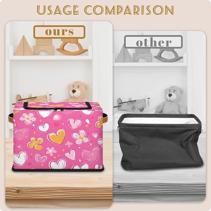 Love Heart Storage Bins with Zipper Lid Pink Yellow Fabric Lidded Storage Baskets Cubes with Handles Decorative Foldable Shelf Closet Organizer Container