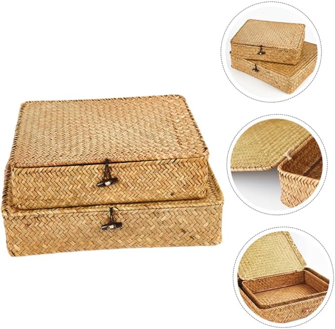 Cabilock 2pcs Woven Seagrass Storage Baskets Lid Decorative Organizers for Snacks and Household Items Natural Home Rustic Style Storage
