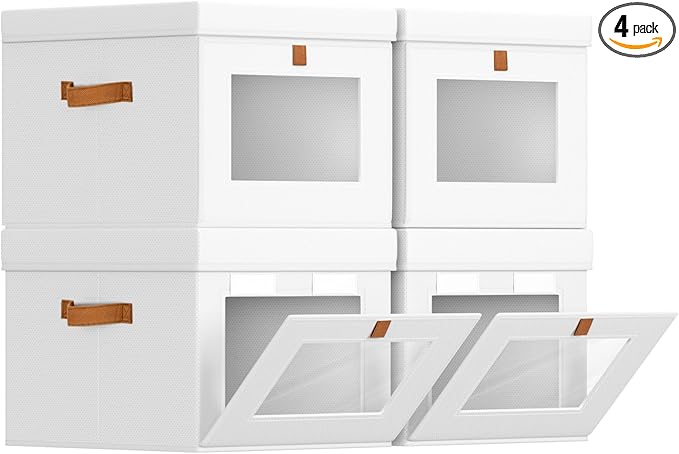 Homsorout Storage Bins with Lid – Closet Organizer with Side Opening and Clear Window Foldable Stackable Fabric Basket for Clothes Home Office - 13.77 x 11.8 x 9.8 4 Pack White