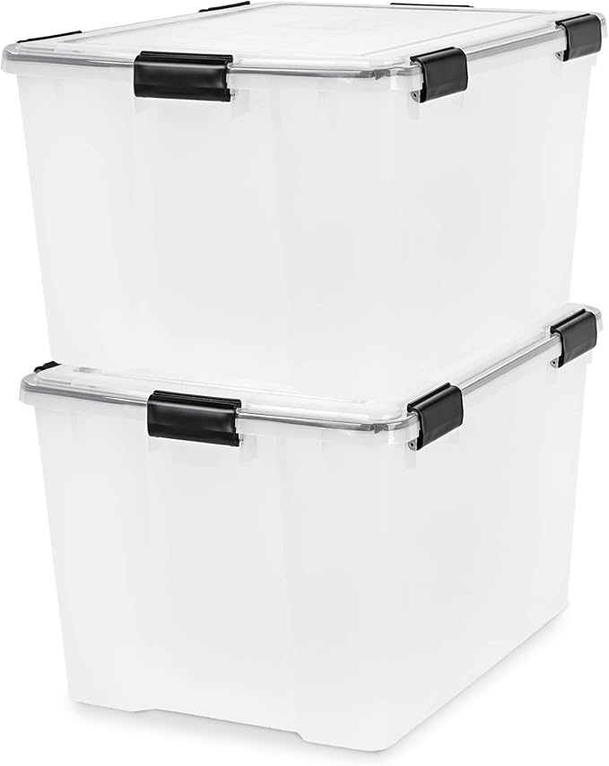 IRIS USA WeatherPro 74 Qt Storage Bins with Lids 2 Pack BPA-Free Plastic Gasket Box with Tight Latch and Seal Stackable Nestable Tote Tub - Clear/Black