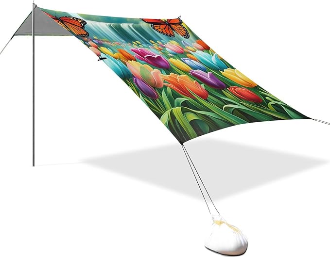 Beach Canopy with Windproof Ropes &amp Sandbags Beach Tent Sun Shade Sun Shelter for Camping Trips Fishing Backyard Fun or Picnics Flowers