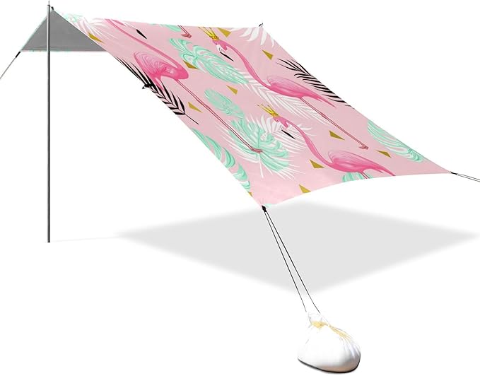 xigua Flamingos Beach Tent Sun Shelter with Carrying Bag - Silver Coated Oxford Fabric Beach Canopy for Beach Camping Fishing - Includes Windproof Ropes Sandbags &amp Stakes