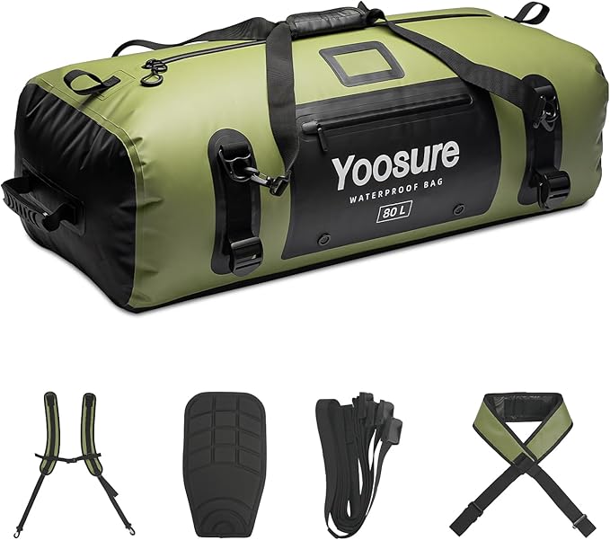 80L Waterproof Duffel Bag Motorcycle Dry Bag Backpack Waterproof Zippered Bags with Backpack Spacer Pad for Kayaking Rafting Boating Canoeing Camping Paddle Beach (Green)