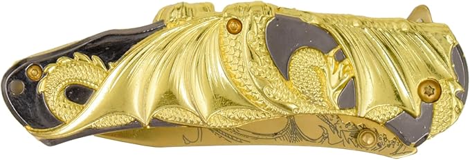 Masters Collection -Spring Assisted Open Folding Knife - Gold TiNite Coated Stainless Steel Blade w/Etched Dragon Gold and Black 2-Tone Zinc Alloy Handle w/Sculpted Dragon - MC-A045