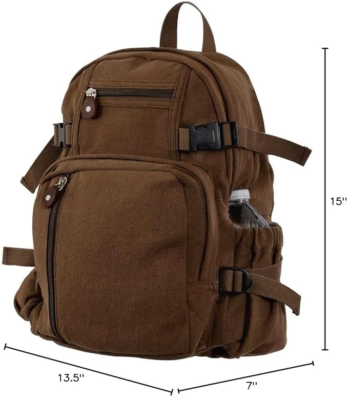Rothco Vintage Canvas Compact Backpack – Rugged Everyday Carry Travel Storage Bag Brown