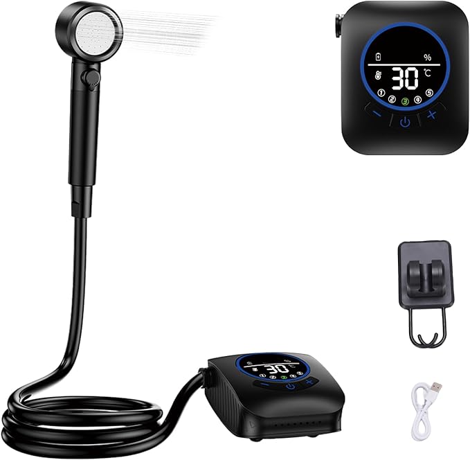 Portable Shower for Camping 8000mAh Rechargeable Camping Electric Shower with Intelligent Digital Display Outdoor Camp Pump Showerhead Nozzle for Hiking Travel Car Pet