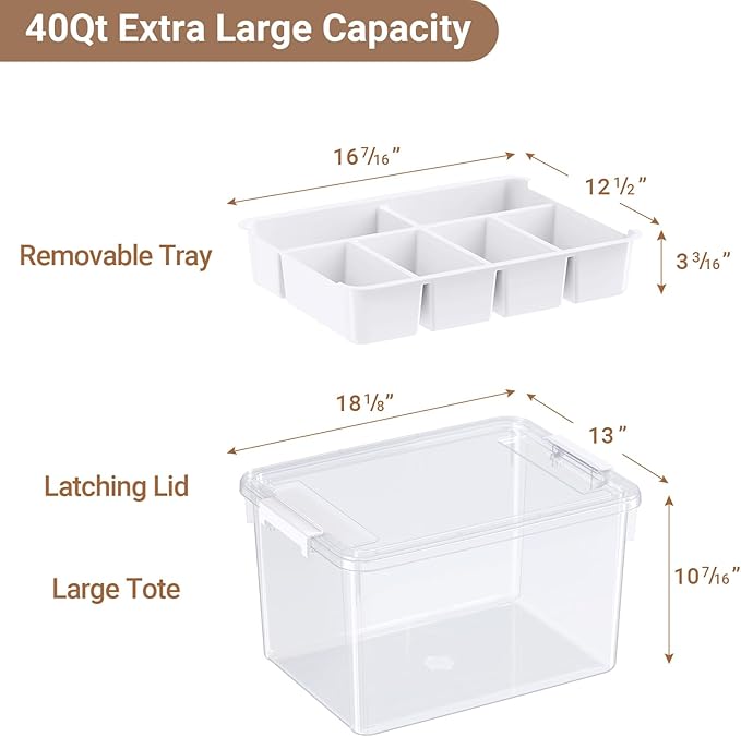 40Qt Large Stackable Storage Bin with Lid &amp Tray Clear Plastic Latching Box Organizer with Divider Portable 10Gal Container for Arts &amp Crafts Home and Car Trunk Organization 1Pack