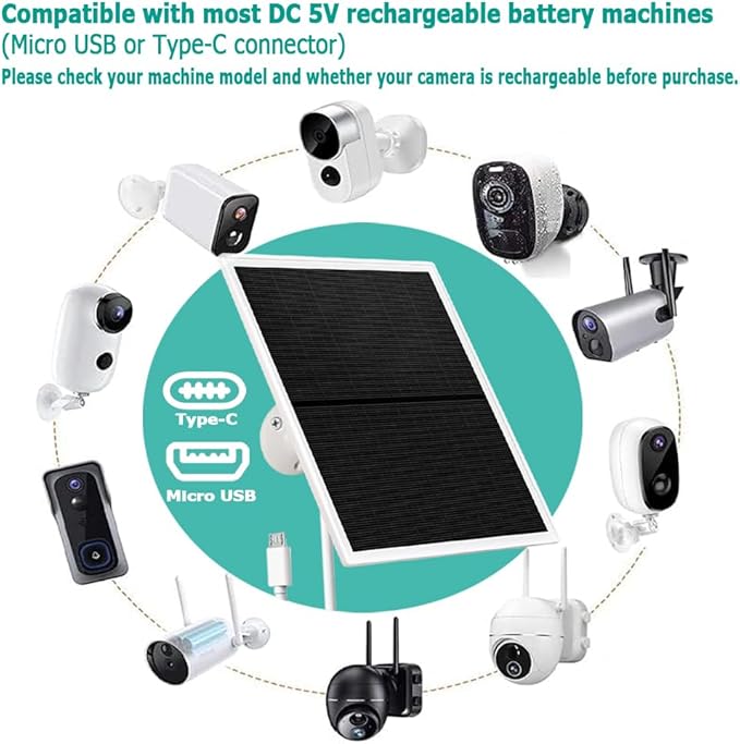Solar Panel Charger for Outdoor Security Cameras -10W DC 5V Compatible with Micro USB &amp Type-C Rechargeable Battery Cameras9.8Ft Charging CableIP66 Waterproof (White)