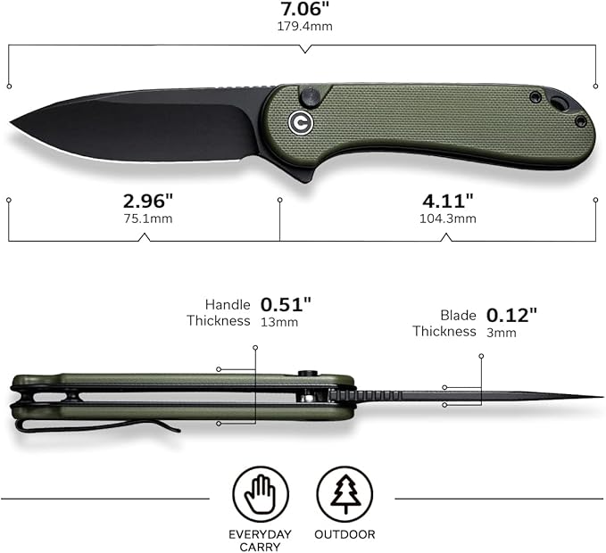 CIVIVI Elementum II Pocket Folding Knife 2.96 Nitro-V Steel Blade G10 Handle Utility Knife with Deep Carry Pocket Clip for Camping Hiking Hunting C18062P-3