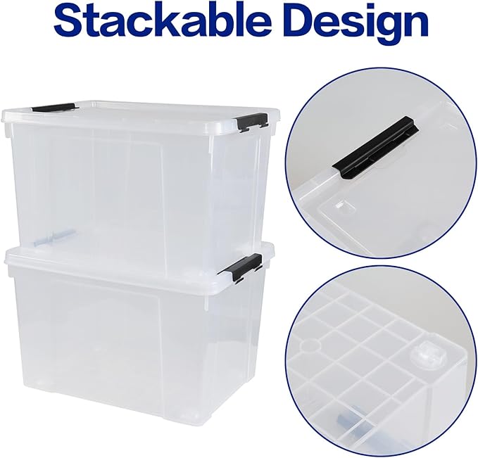 50 L Large Plastic Storage Bins with Latching Lids and Wheels 4-Pack Clear Stackable Boxes for Closet Garage