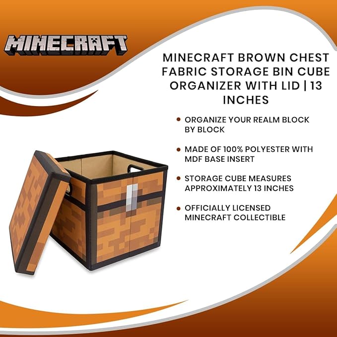 Minecraft Brown Chest 13-Inch Storage Bin Chest With Lid | Foldable Fabric Basket Container Cube Organizer With Handles Cubby For Shelves Closet | Home Decor Essentials Video Game Gifts