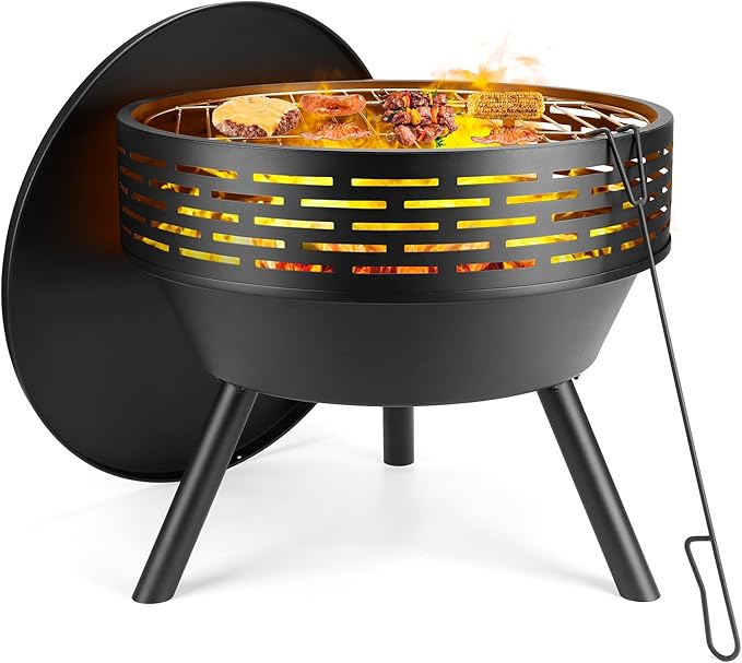 23 Inch Cast Iron Round Fire Pit with Grill 3-in-1 Outdoor Fire Bowl Fire Pit Table with Metal Lid and Fire Poker Wood Burning Firepit for BBQ Bonfire Patio Picnic