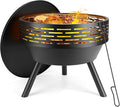 23 Inch Cast Iron Round Fire Pit with Grill 3-in-1 Outdoor Fire Bowl Fire Pit Table with Metal Lid and Fire Poker Wood Burning Firepit for BBQ Bonfire Patio Picnic