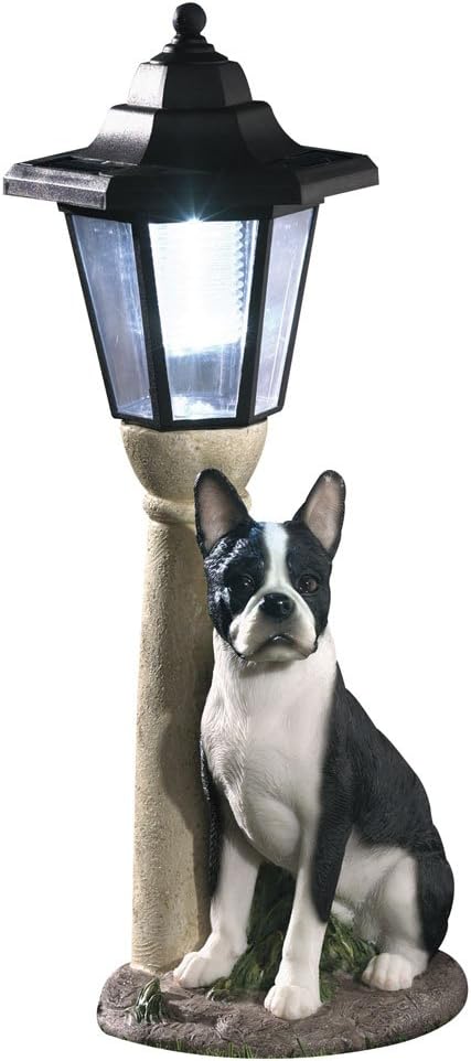 Bits and Pieces - Solar Dog Lantern-Solar Powered Garden Lantern - Resin Dog Sculpture with LED Light (Boston Terrier) - 13.5 Tall