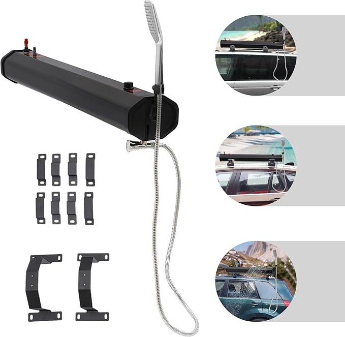 5.28Gal Portable Water Tank for Camping 1.6Bar RV Roof Rack Mount Road Shower Solar-Powered Outdoor Water Supply with Long Hose &amp Storage Bag Complete Shower Kit for Hiking Beach (20L)