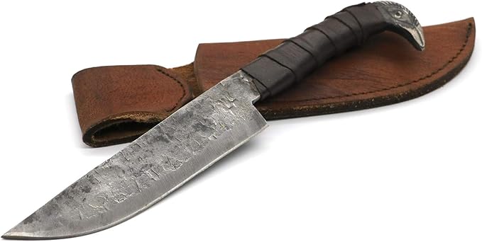Odin's Raven Norse Viking-styled Knife 10.3 - Hand Forged 6.5 Carbon Steel Blade Raven's Head Hilt and Leather Sheath - Unique Medieval Seax Style - Norse Knife for Hunting &amp Camping