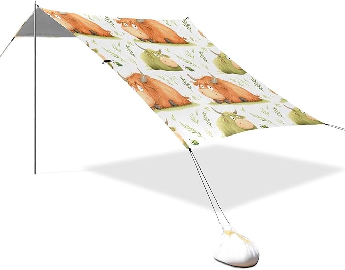 ALAZA Cute Calf Bull Yak Beach Tent Sun Shelter UPF50+ Protection Beach Shade Canopy w/ 4 Sandbags for Outdoor Camping Fishing Backyard Fun Picnic 10x9 ft