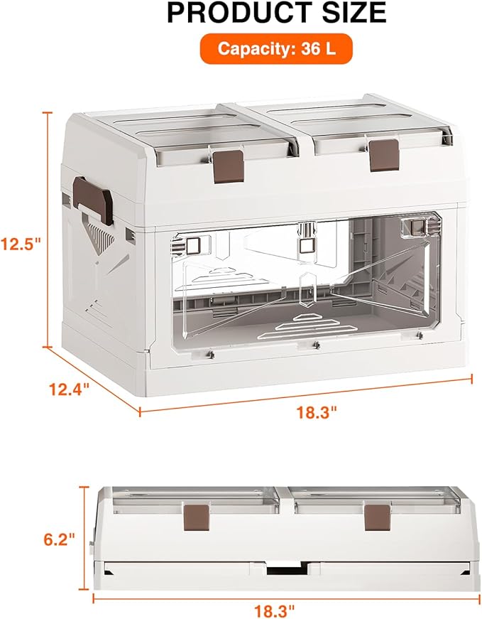 Closet Organizer and Storage Box Large Essential Collapsible Plastic Car Trunk Container with Clear Lids and Doors Open Front Multifunctional Stackable Bin for Bedroom Dorm Room Craft 36 L