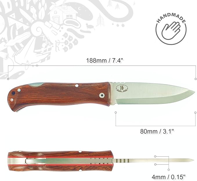 JEO-TEC Nº16 Pocket Folding Knife for Bushcraft Survival Camping Hunting Fishing Outdoor Stainless Steel Sandvik 14C28N Scandi Blade Handmade