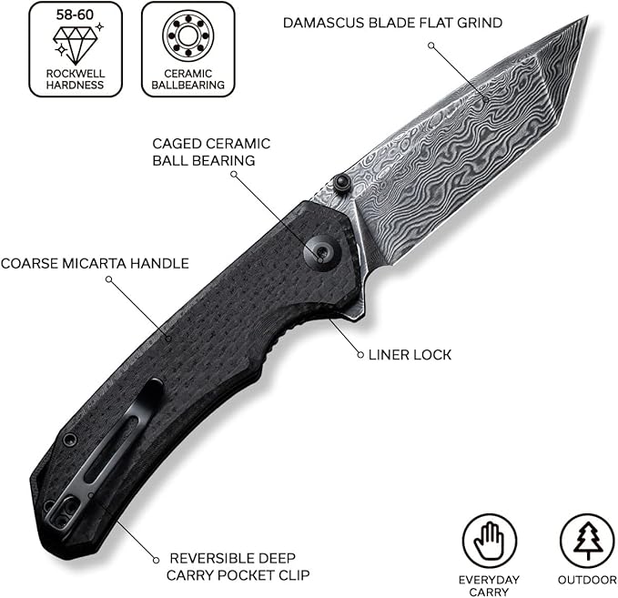 CIVIVI Brazen Pocket Knife3.5-Inch Tanto Damascus Folding Knife Micarta Outdoor Camping Hiking Knife with Thumb Studs and Flipper OpenerUnique Tool Gift for EDC Men Women C2023DS-1