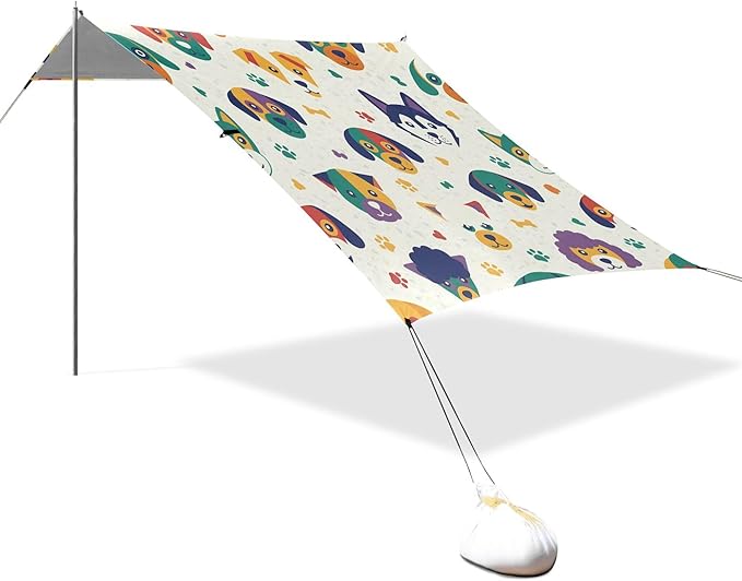 Dog Beach Canopy Sun Shelter with Sandbags &amp Sand Shovel &amp Windproof Ropes - Portable 110x126 Beach Shade Beach Tent for Camping Picnics