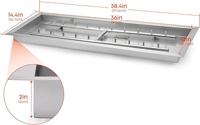 Stanbroil 36 x 12-Inch Rectangle Drop-in Fire Pit Pan with Jet Burner 304 Stainless Steel Gas Firepit Insert for DIY Firepit Table High Flame150000 BTU Max